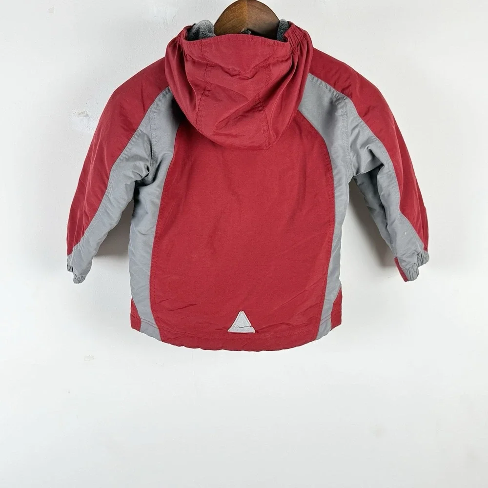 LL Bean Kids Winter Jacket Size 5-6 Red Gray Hooded Insulate